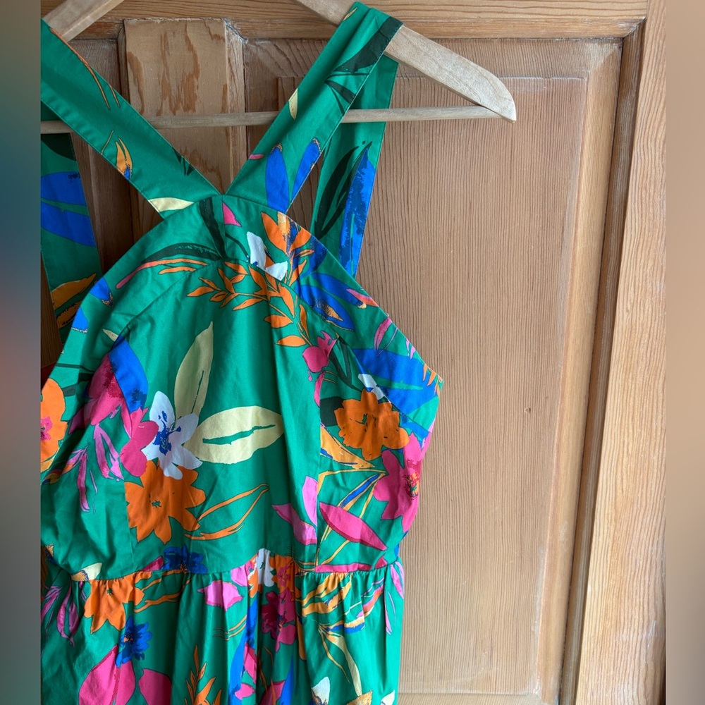 J. Crew Green Smocked Midi Dress | 100% Cotton | Farm Rio Vibes | Size 8 - Picture 8 of 14